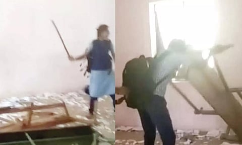 அரசு பள்ளியில் மாணவி ஒருவர் மேஜையை கம்பால் அடித்ததையும், மாணவர் ஒருவர் மேஜையை தூக்கி வீசுவதையும் காணலாம்.