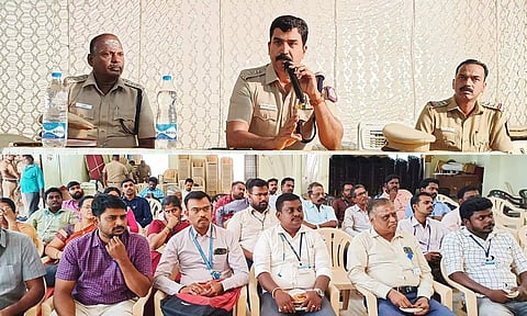 கூட்டத்தில் போலீஸ் சூப்பிரண்டு பாலாஜி சரவணன் பேசியதையும், அதில் பங்கேற்றவர்களையும் படத்தில் காணலாம்.