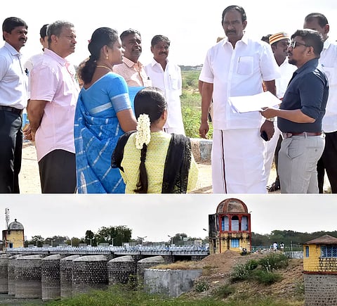 ஆனைக்குட்டம் அணையை கலெக்டர் ஜெயசீலன் பார்வையிட்டு ஆய்வு செய்த காட்சி. அருகில் எம்.எல்.ஏ.க்கள் சீனிவாசன், அசோகன் உள்ளனர்.