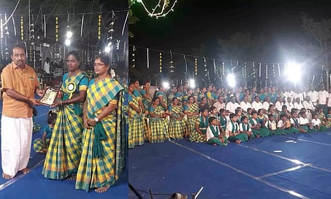 விழாவில் பெண் நிர்வாகிகளை பாராட்டி  காங்கயம் மகாராஜா குரூப் நிறுவன அதிபர்  ராக்கியப்பசாமி  வாழ்த்து மடல் வழங்கிய காட்சி.&nbsp;