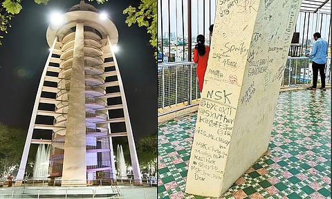 அண்ணாநகர் பூங்கா கோபுரத்தின் தூண்களில் பெயரை எழுதி வைத்து அலங்கோலப்படுத்தி வைத்திருக்கும் காட்சி.