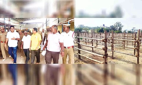 பாதுகாப்பு ஏற்பாடுகளை மாவட்ட போலீஸ் சூப்பிரண்டு சசாங் சாய் ஆய்வு செய்ததையும், குண்டம் இறங்கும் பக்தர்களுக்கு தடுப்பு கட்டைகள் அமைக்கப்பட்டுள்ளதையும் படத்தில் காணலாம்.
