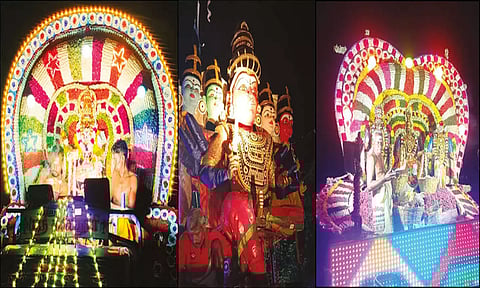 சமயபுரம் மாரியம்மன் கோவிலுக்கு பூக்களை எடுத்துச்சென்ற பக்தர்கள்