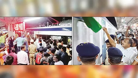 சேலம் வந்த வந்தே பாரத் ரெயிலை காண கூடி–யி–ருந்–த–வர்–கள் கூட்–டத்–தை–யும், கோவைக்கு புறப்–பட்ட ரெயி–லுக்கு பச்சை கொடி காட்டி அருள் எம்.எல்.ஏ. வழி–ய–னுப்–பி–ய–தை–யும் படத்–தில் காண–லாம்.
