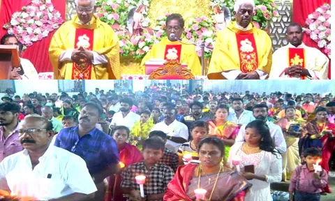 தூத்துக்குடி பனிமய மாதா பேராலயத்தில் கிறிஸ்தவ மக்கள் சிறப்பு பிரார்த்தனையில் ஈடுபட்ட காட்சி.