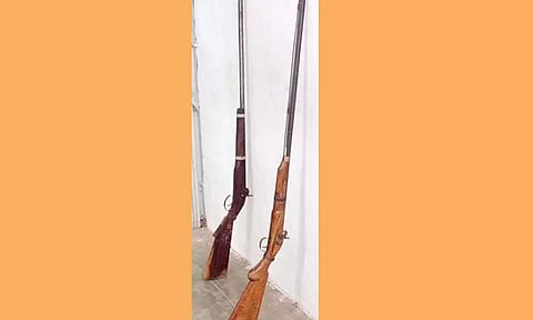 போலீஸ் வாகன சோதனையில் 2 துப்பாக்கிகள்-பால்ரஸ் குண்டுகள் பறிமுதல்