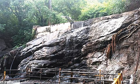 தண்ணீரின்றி வறண்டு காணப்படும் சுருளி அருவி.