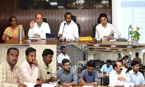 அத்திக்கடவு-அவிநாசி திட்டப்பணிகள் குறித்து அமைச்சர் முத்துசாமி தொடர்புடைய அலுவலர்களுடன் ஆய்வு மேற்கொண்டார். அருகில் கலெக்டர் கிருஷ்ணனுண்ணி உள்பட பலர் உள்ளனர்.