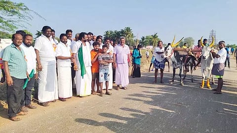 மாட்டுவண்டி போட்டியை தொழிலதிபர் முருகேச பாண்டியன் கொடியசைத்து தொடங்கி வைத்தபோது எடுத்த படம்.