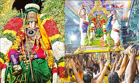 செங்கோல் ஏந்திய மீனாட்சி அம்மனின் கண்கொள்ளா காட்சி, மீனாட்சி அம்மனை கை பாரமாக சீர்தாங்கிகள் தூக்கி மகிழ்ந்தனர்.