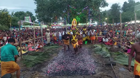 தீ மிதித்து நேர்த்தி கடன் செலுத்தும் பக்தர்களை படத்தில் காணலாம்.