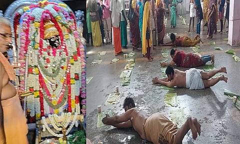 எச்சில் இலை மீது படுத்து உருண்டு அங்கப்பிரதட்சணம் செய்த பக்தர்கள்.