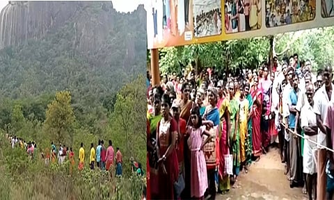 தோரணமலை கோவிலுக்கு நடந்து சென்றவர்களையும், நீண்ட வரிசையில் காத்துநின்ற பக்தர்களையும் படத்தில் காணலாம்.