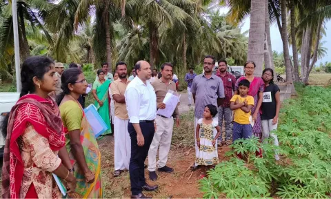 கொந்தளம் ஊராட்சியில் தோட்டக்கலை மற்றும் மலைப்பயிர்கள் துறையின் சார்பில் தமிழ்நாடு பாசன வேளாண்மை நவீன மயமாக்கல் திட்டத்தின் கீழ் மரவள்ளிக்கிழங்கு மானியத்திடன் பயிரிடப்பட்டுள்ளதை கலெக்டர் கிருஷ்ணனுண்ணி பார்வையிட்டு விவசாய பயனாளிகளிடம் கலந்துரையாடினார்.