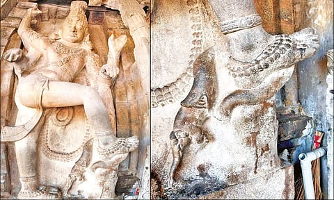 துவார பாலகர் சிலையையும், அவரது காலடியில் யானையை மலைப்பாம்பு விழுங்குவதுபோல் தத்ரூபமாக வடிவமைக்கப்பட்டுள்ளதையும் படத்தில் காணலாம்.