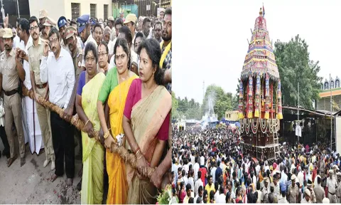 சித்திரை திருவிழா தேரோட்டத்தினை கலெக்டர் ஷஜீவனா வடம்பிடித்து இழுத்து தொடங்கி வைத்தார்.