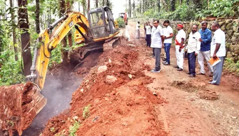 சாலை அமைக்கும் பணியை கலெக்டர் கார்மேகம் ஆய்வு செய்த காட்சி.