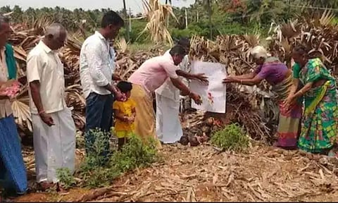 வெட்டி சாய்க்கப்பட்ட பனை மரங்களுக்கு பொதுமக்கள் அஞ்சலி செலுத்திய காட்சி.