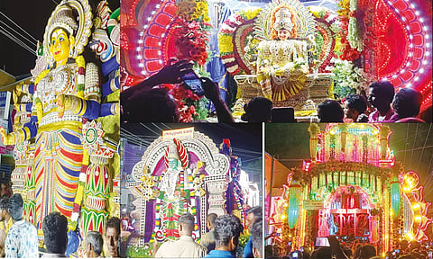 14 அடி உயர சமயபுரத்து அம்மன். குடியாத்தம் கெங்கையம்மன் பூப்பல்லக்கு வீதி உலா நடந்தபோது எடுத்த படம்.