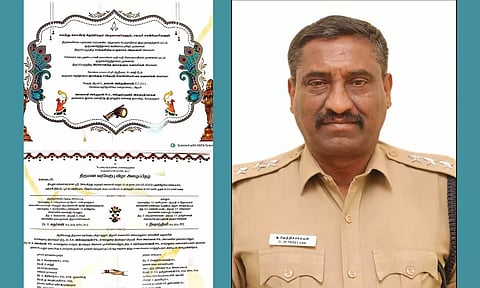 மும்மத குருமார்களின் பெயர்களுடன் அச்சடித்துள்ள திருமண அழைப்பிதழ் மற்றும்  டி.எஸ்.பி.வெற்றி செல்வன்.&nbsp;