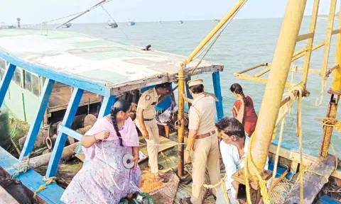 மல்லிபட்டினம் கடற்கரையில் நிறுத்தப்பட்டிருந்த விசைப்படகை அதிகாரிகள் ஆய்வு செய்தனர்.