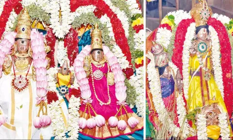 கொடியேற்று விழாவில் சோமாஸ்கந்தர் மற்றும் பெருமாள் சிறப்பு அலங்காரத்தில் பக்தர்களுக்கு அருள்பாலித்த காட்சி.