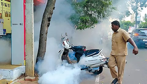 வேலூர் பேரூராட்சி துப்புரவு பணியாளர்கள் கொசு மருந்து அடித்தபோது எடுத்த படம்.