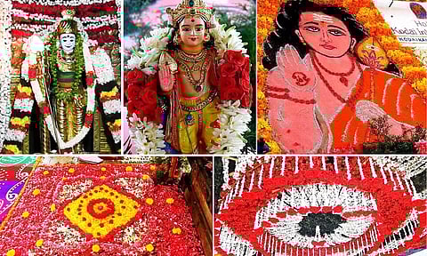 விதவிதமான அலங்காரத்தில் முருகன் பக்தர்களுக்கு அருள்பாலித்ததையும் கோவில் வளாகத்தில் அமைக்கப்பட்டுள்ள மலர் அலங்காரத்தையும் படத்தில் காணலாம்.