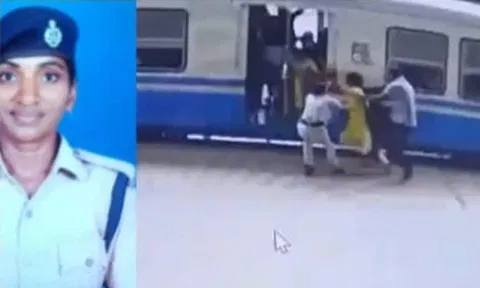 ரெயில் - பிளாட்பாரம் இடையே சிக்கிய பயணியை பெண் போலீஸ் சுனிதா மீட்ட காட்சி.