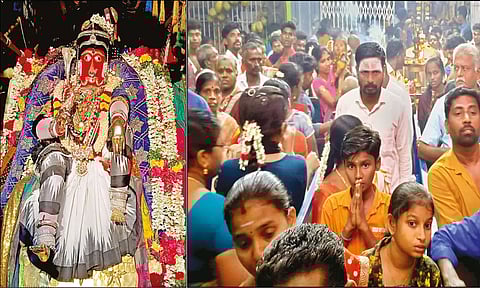 ஆகாச மாரியம்மன் ராஜராஜேஸ்வரி அலங்காரத்தில் அருள்பாலித்ததையும், திரண்டிருந்த பக்தர்கள் கூட்டத்தின் ஒரு பகுதியினரையும் காணலாம்.