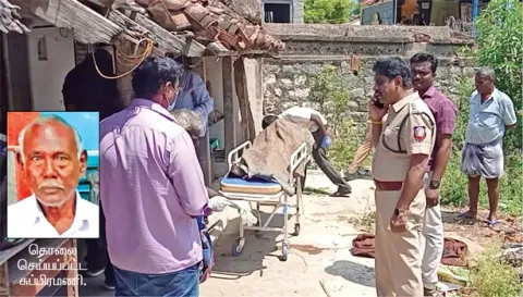 கொலை நடந்த இடத்தை டி.எஸ்.பி. செந்தில்குமார் பார்வையிட்டு விசாரணை நடத்திய காட்சி.