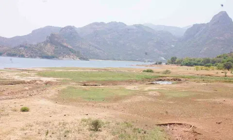 திருமூர்த்தி அணையில் நீர்மட்டம் குறைவாக உள்ளதை படத்தில் காணலாம்.&nbsp;