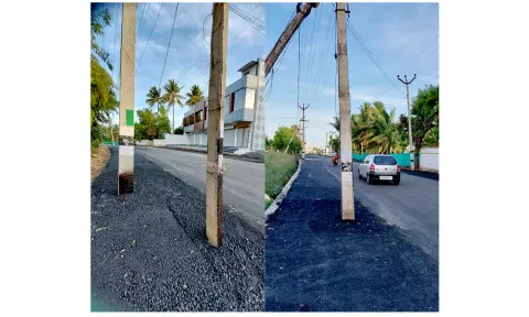 மின்கம்பங்களை அகற்றாமல் தார் சாலை அமைப்பு