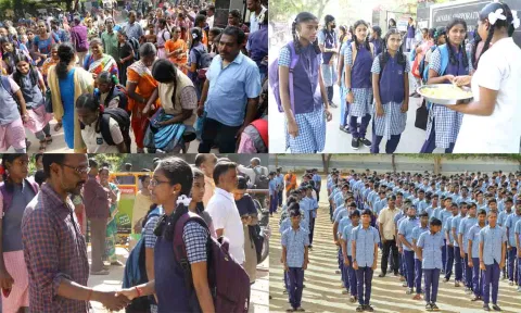 திருப்பூர் ஜெய்வாபாய் பெண்கள் மேல்நிலைப்பள்ளியில் குவிந்த மாணவிகளின் பெற்றோர். மாணவிகளுக்கு இனிப்பு வழங்கப்பட்ட காட்சி. கைகுலுக்கி மாணவியை பள்ளிக்கு அனுப்பி வைத்த தந்தை. திருப்பூர் நஞ்சப்பா பள்ளியில் இறைவணக்கத்தில் பங்கேற்ற மாணவர்கள்.