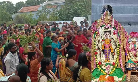 காமாட்சி அம்மனுக்கு பால்குடம், தீர்த்தம் எடுத்து வந்த காட்சி.&nbsp;