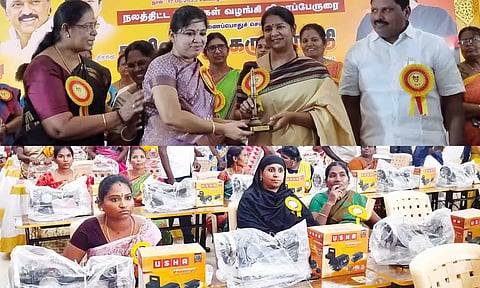 நிகழ்ச்சியில் பயனாளிகளுக்கு நலத்திட்ட உதவிகளை கனிமொழி எம்.பி., வழங்கிய காட்சி. அருகில் அமைச்சர்  கயல்விழி செல்வராஜ்,  திருப்பூர் தெற்கு மாவட்ட தி.மு.க. செயலாளர் இல.பத்மநாபன் மற்றும் பலர்  உள்ளனர்.&nbsp;