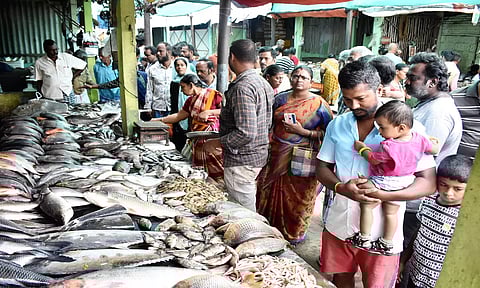 ஈரோடு ஸ்டோனி பிரிட்ஜ் மீன் மார்க்கெட்டில் கடல் மீன்கள் விற்பனை நடந்த போது எடுத்த படம்.