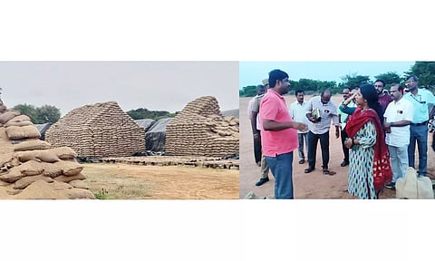 திறந்த வெளியில் வைக்கப்பட்டுள்ள நெல் மூட்டைகளை கலெக்டர் சரயு ஆய்வு செய்த போது எடுத்தபடம்.