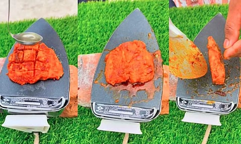 சிக்கனை சூடாக்கி பொறித்தார்- அயர்ன் பாக்சை அடுப்பாக மாற்றிய வீடியோ