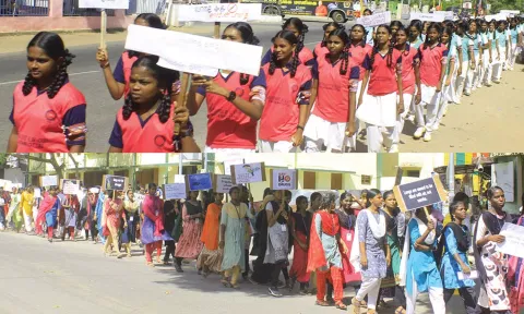 பள்ளி மற்றும் கல்லூரி மாணவ-மாணவிகள் விழிப்புணர்வு வாசகங்கள் அடங்கிய பதாகைகளை ஏந்தி பேரணியாக சென்ற போது எடுத்தபடம்.