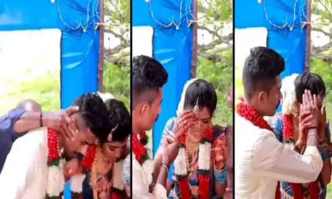 மணமக்களை ஒருவருக்கொருவர் தலையில் முட்ட வைத்ததையும், மணமகள் அழுவதையும் படத்தில் காணலாம்.