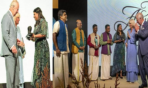 மன்னர் சார்லஸ் மற்றும் ராணி கமிலா விருது வழங்கியபோது எடுத்த படம்.