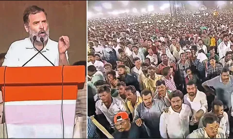 ராகுல்காந்தி பேசுவதையும், கூடியிருந்த மக்கள் கூட்டத்தின் ஒரு பகுதியையும் படத்தில் காணலாம்.