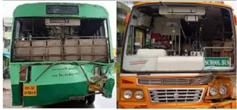 விபத்தில் கண்ணாடி உடைந்த அரசு மற்றும் தனியார் பள்ளி பஸ்சை படத்தில் காணலாம்.