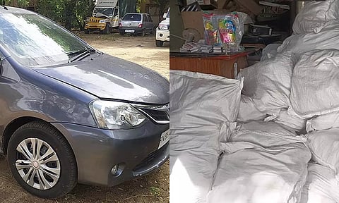 பறிமுதல் செய்யப்பட்ட கார் மற்றும் போதை பொருட்கள்.&nbsp;