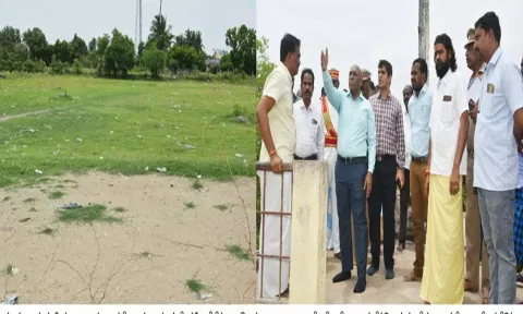 மேல்மலையனூர் அங்காளபரமேஸ்வரி அம்மன் கோவிலில் தற்காலிக பஸ் நிலையம் அமைய உள்ள இடத்தை மாவட்ட  கலெக்டர் பழனி ஆய்வு செய்தபோது எடுத்த படம்.