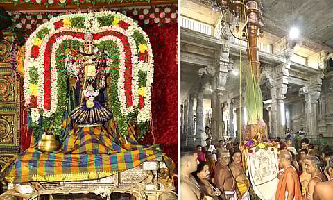 சிறப்பு அலங்காரத்தில் அறம்வளர்த்த நாயகி அம்மன் காட்சியளித்ததையும், ஆடிப்பூர பெருவிழா கொடியேற்றம் நடைபெற்றதையும் படத்தில் காணலாம்.