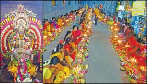 மாரியம்மன் ராஜ மாதங்கி அலங்காரத்தில் அருள்பாலித்ததையும், திருவிளக்கு பூஜையில் கலந்து கொண்ட பெண்களையும் படத்தில் காணலாம்.&nbsp;