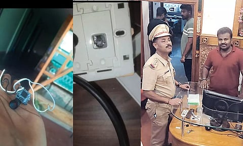 ஓட்டல் அறைகளில் வைக்கப்பட்டிருந்த கேமரா, போலீசார் சோதனை நடத்திய காட்சி.