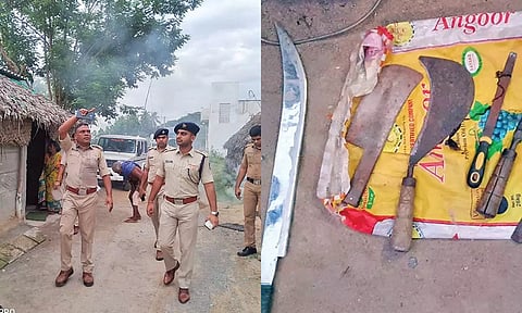 ரவுடிகளின் வீடுகளில் போலீசார் சோதனை நடத்தி காட்சி, பறிமுதல் செய்யப்பட்ட ஆயுதங்கள்.&nbsp;